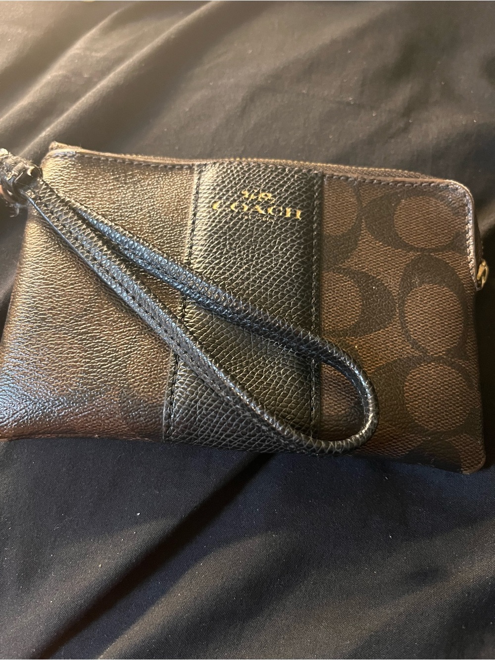 Coach Brown Signature Canvas & Black Leather Wristlet